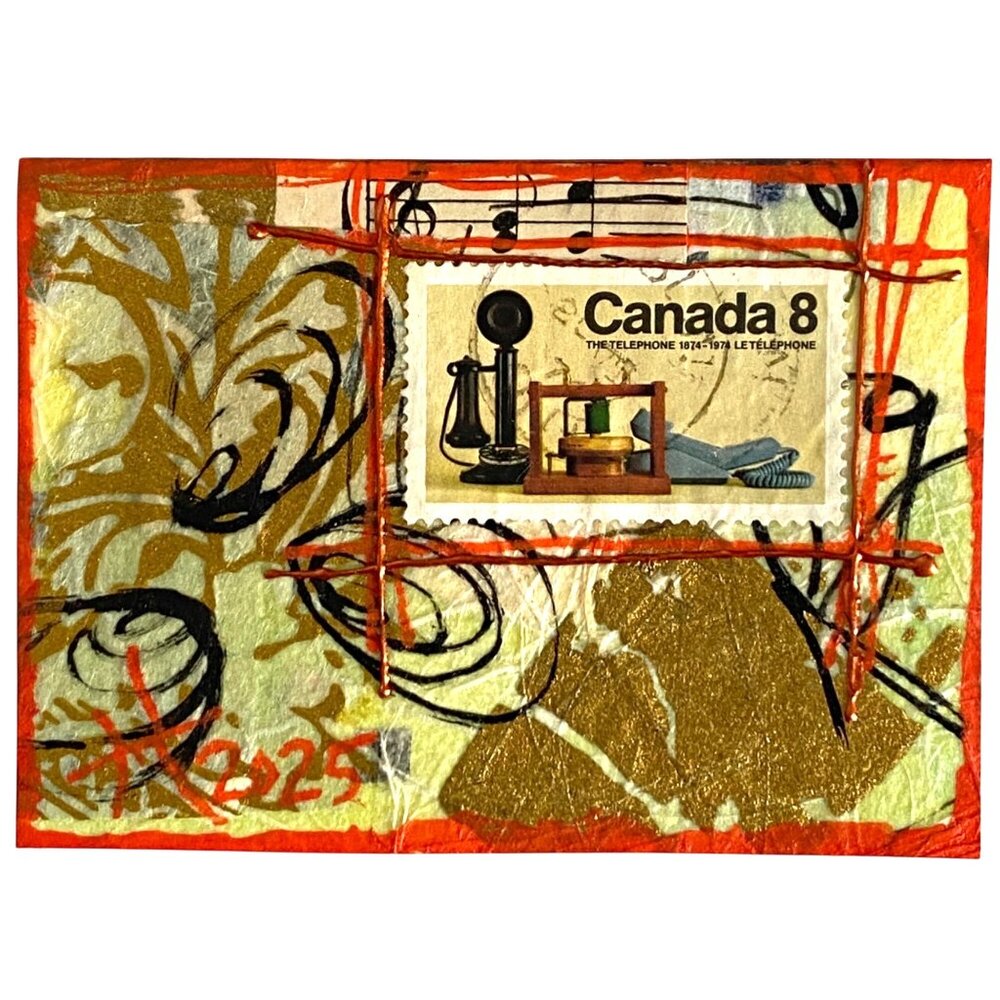 ACEO Original Art Acrylic Collage 1974 Canada Telephone Postage Stamp ATC